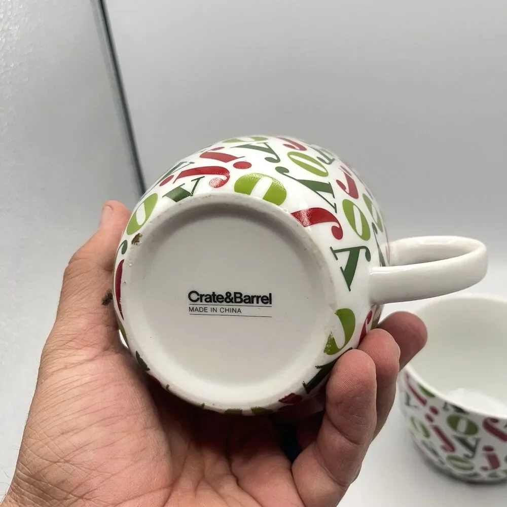 Pair Vintage Crate & Barrel 16oz JOY Mugs Holiday Christmas Red/Green Porcelain